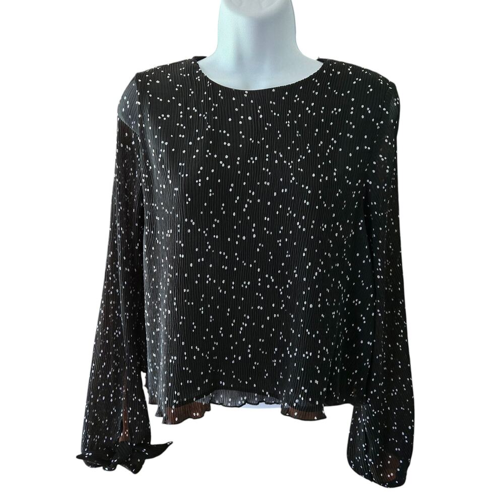 Zara Women's Small Plisse Polka Dot Blouse Neutral Long Sleeves Dressy